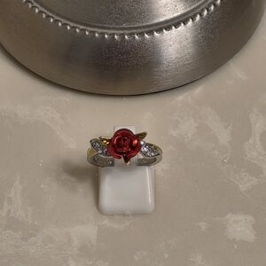 Silver and Gold CZ Red Rose Ring Size 7